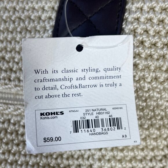 Croft & Barrow Purse Tote Bag Natural Woven Dual Handles Zipper Cream New - Picture 8 of 9